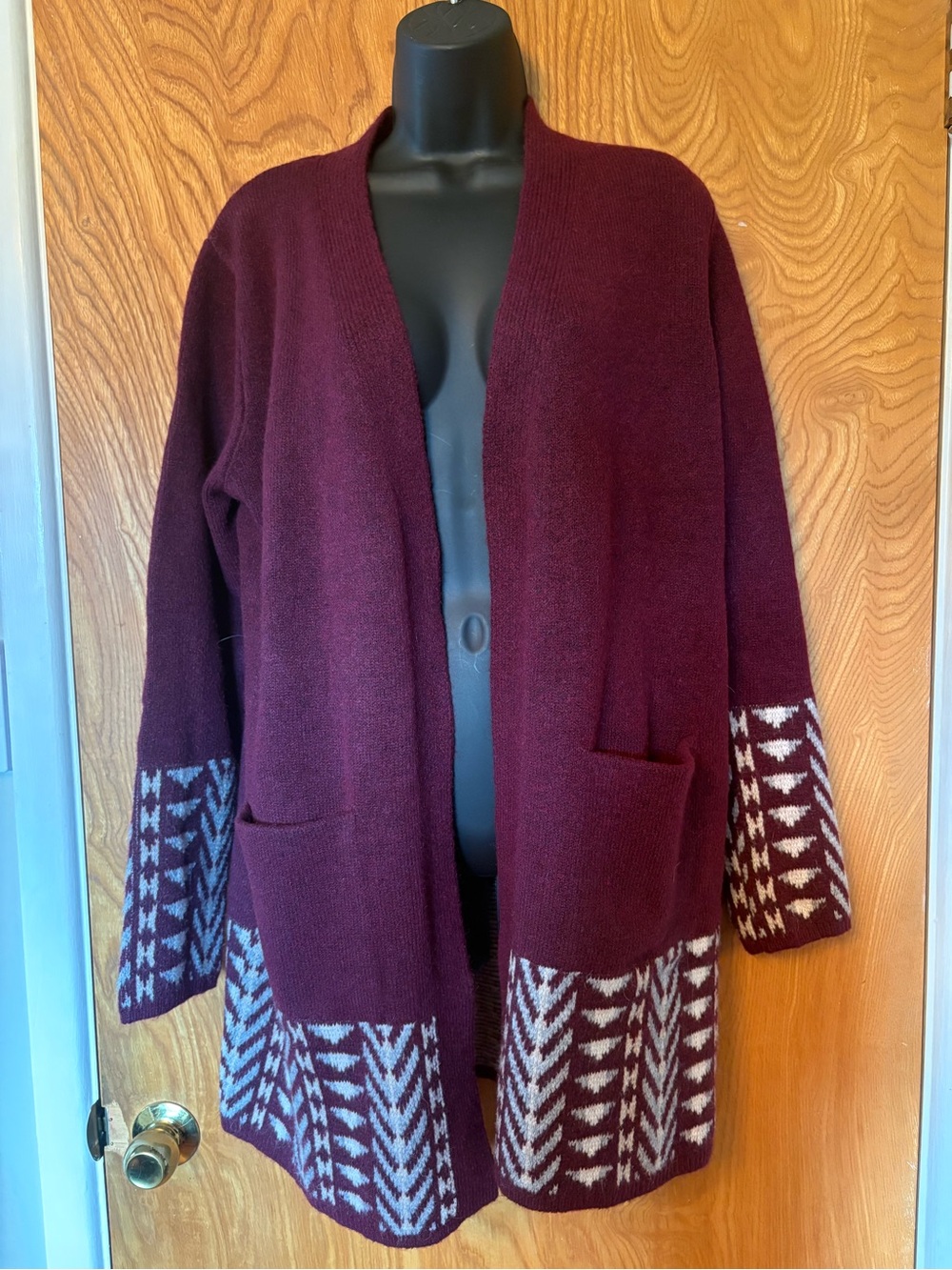 Frye Women's Open-Front Burgundy Cardigan with Patterned Hem